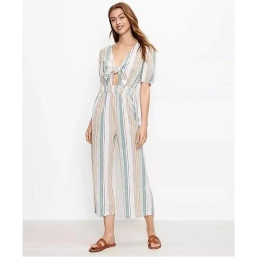 Loft Beach Striped Tie Front Jumpsuit NWT Size Large Coastal Vacation Summer